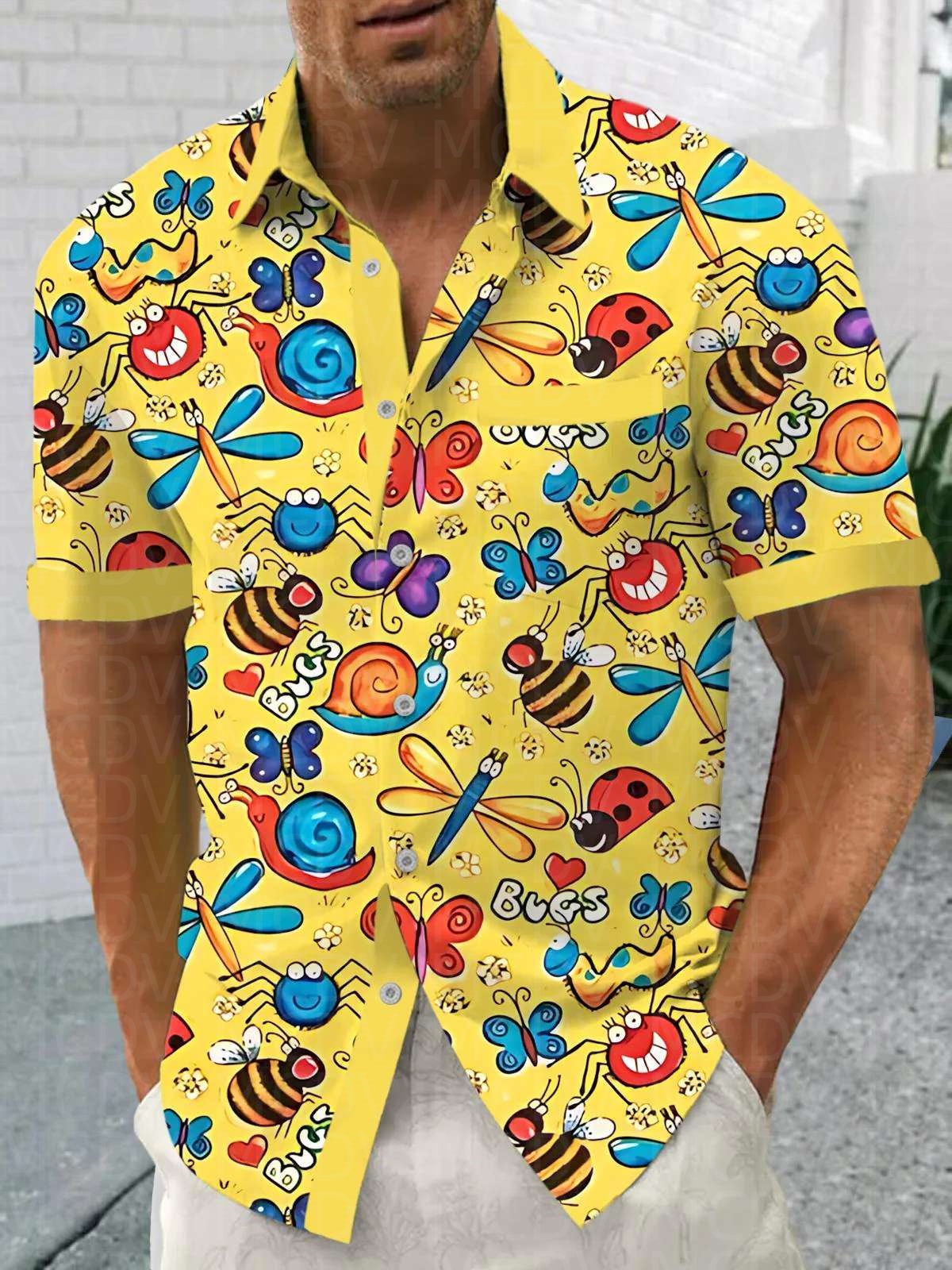 Shirt Camp Collar - Insects Pattern Men's Hawaiian Shirt Stretch