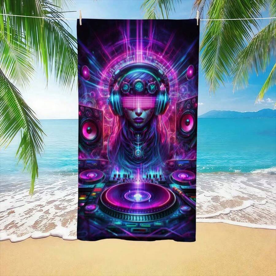 Beach Towel Large - Extra Large Cyberpunk DJ Pattern Beach