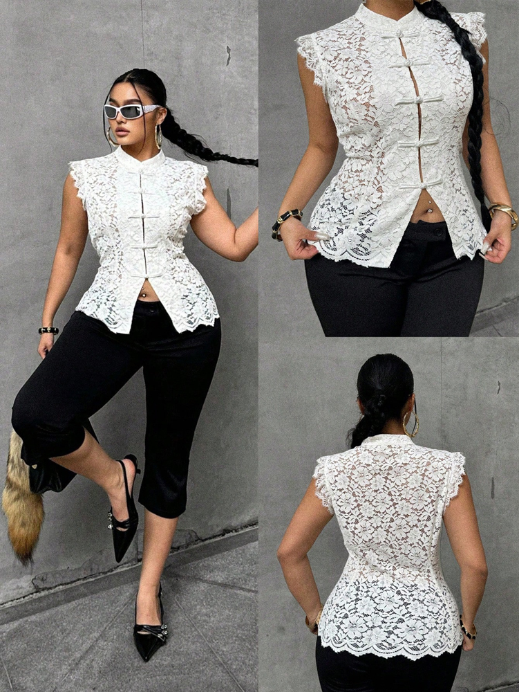 Plus Size Elegant Lace Blouse, - огляд і ціна Shirt Camp Collar