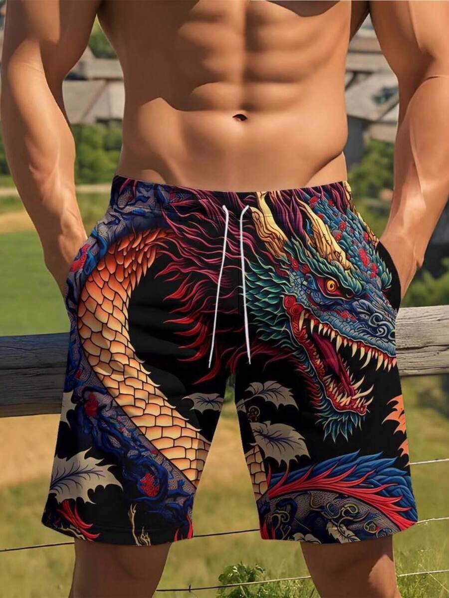 Mens Dragon Print Drawstring W - огляд і ціна Swim Trunk Quick Dry